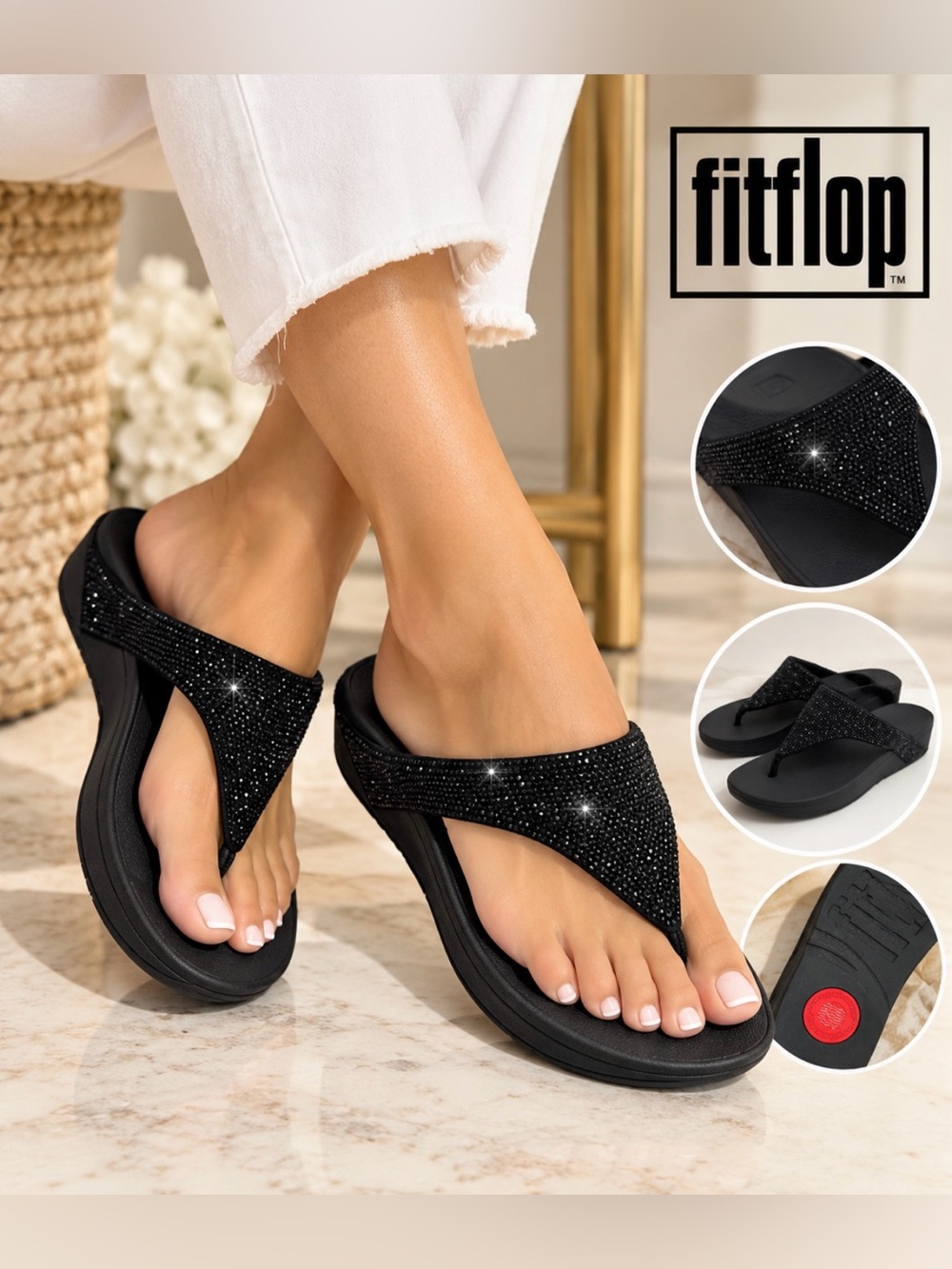 Fitflop Women Black Sparkle Toe-Thong Sandals Size 10